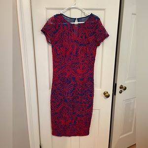 JS Collections Soutache Chiffon poppy/navy women’s cocktail dress | size 6